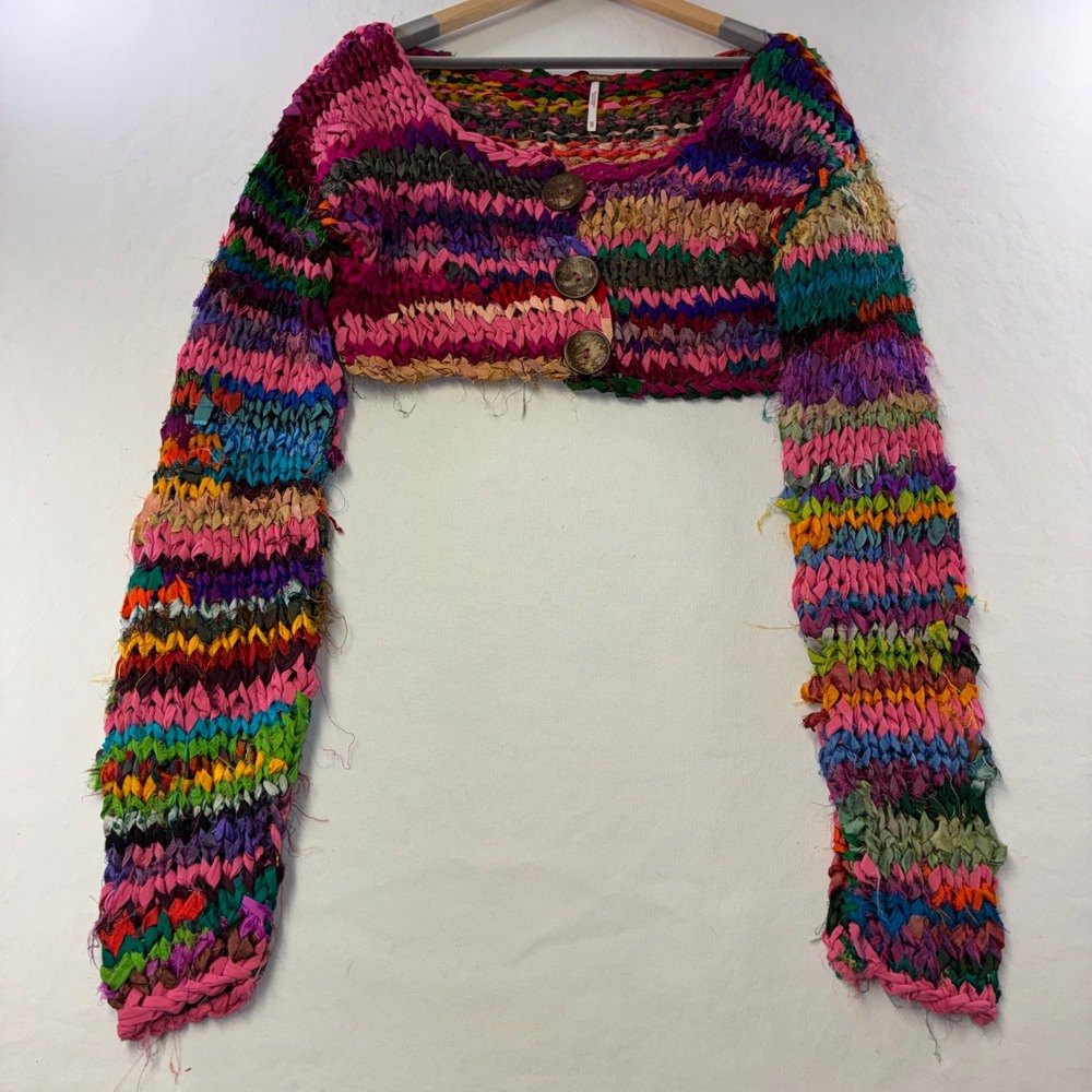 548 Boho Free People Cropped Rag Knit Cardigan XS Multi Silk Cotton Chunky